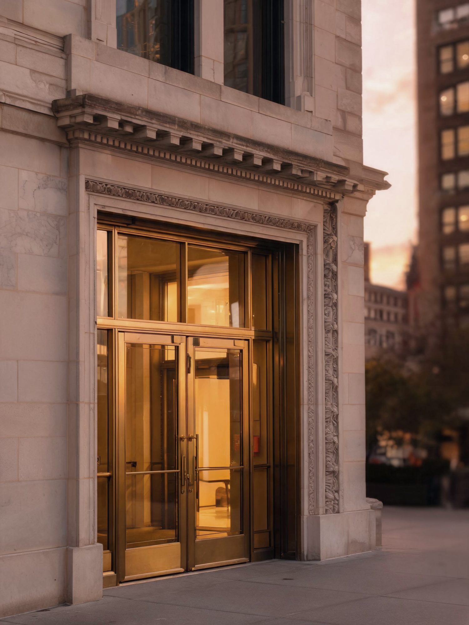 Close-up of a modern building's exterior featuring a geometric pattern of windows with metal frames, illuminated by warm lighting at dusk.